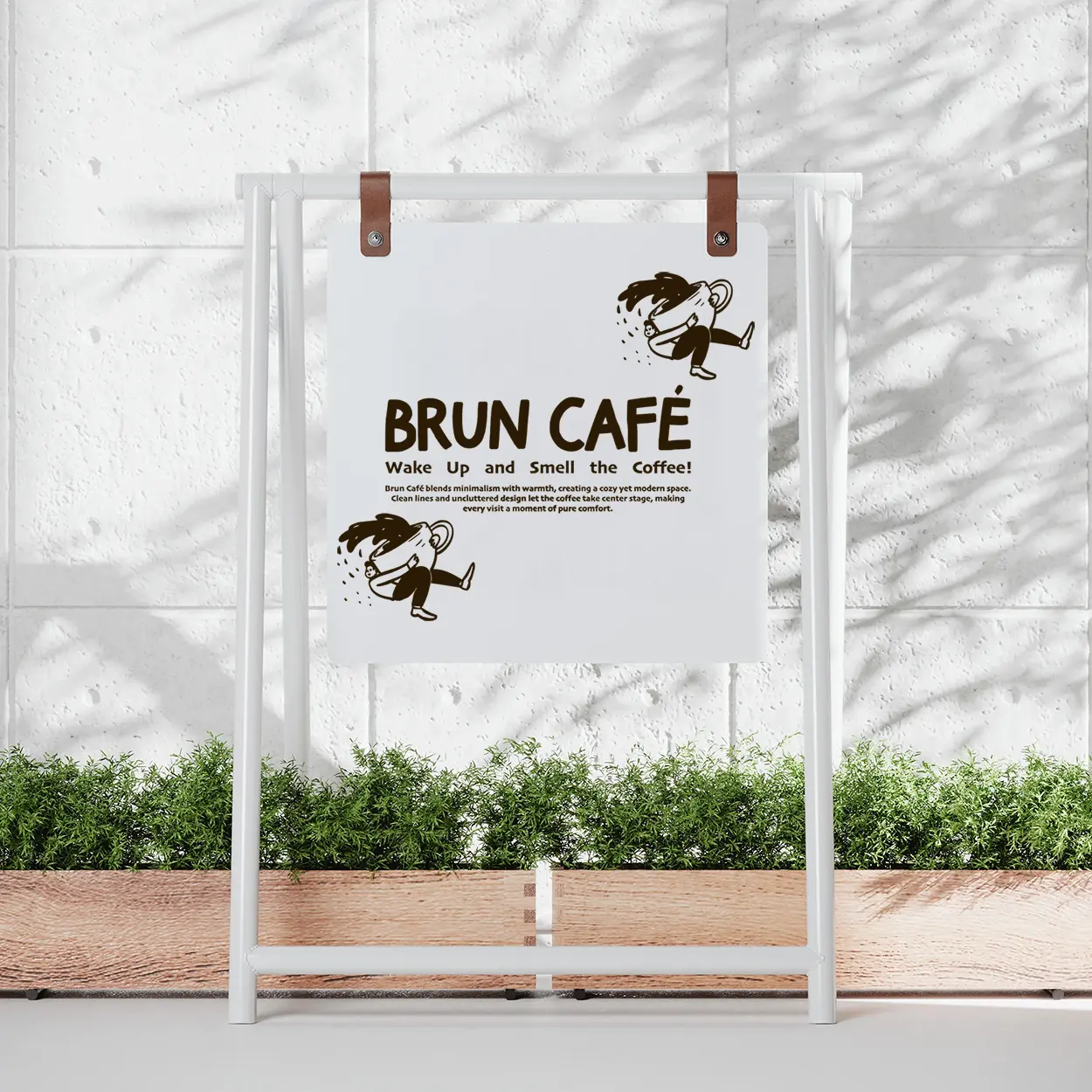 Signsatelier marka, deri detaylı ve askılı panoya sahip, ayaklı metal gövdeli minimalist beyaz kaldırım panosu (A pano) görseli.